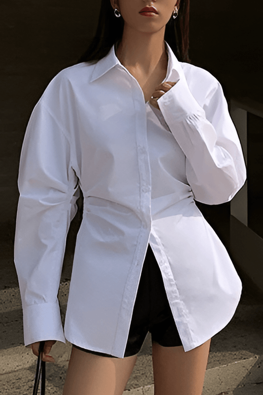 Ilaria™ | Weiße Oversized Bluse mit Benadrukte Taille und Klassische Kragen