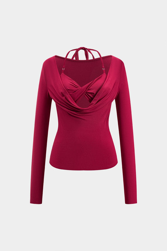 Dakota™ | Verleidelijk Langarmtop mit Drapé Décolleté und Geïntegreerd Halter-Bralette